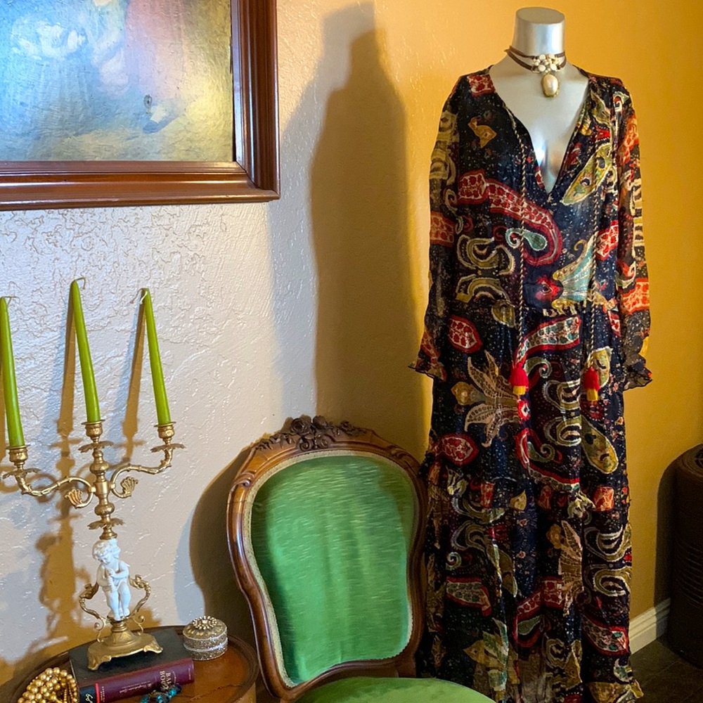 Velvet by Graham & Spencer Paisley Maxi Dress - Navy, Red, Yellow - Picture 3 of 5